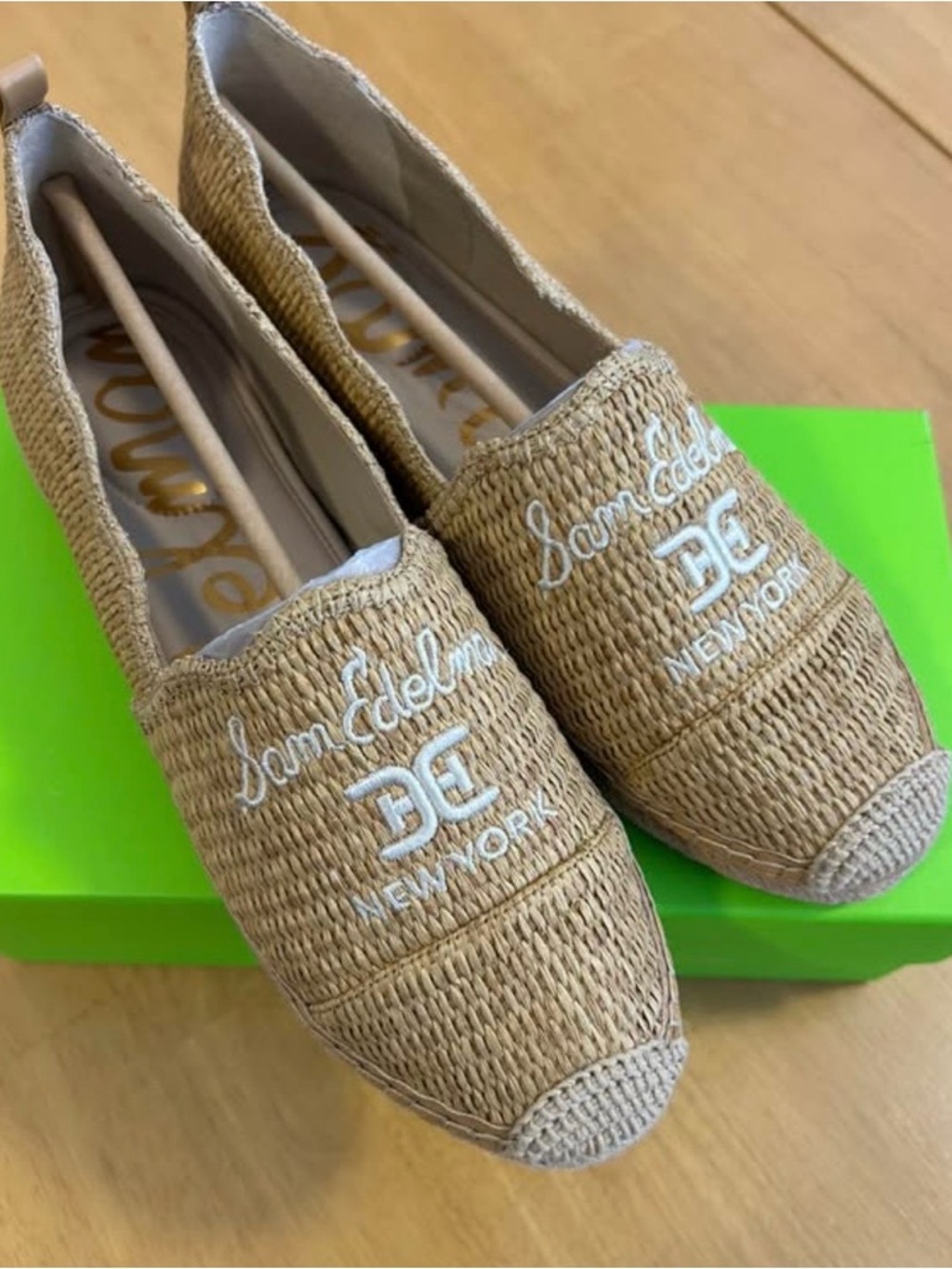 Sam Edelman Tan Raffia Espadrille Flats with White Embroidery